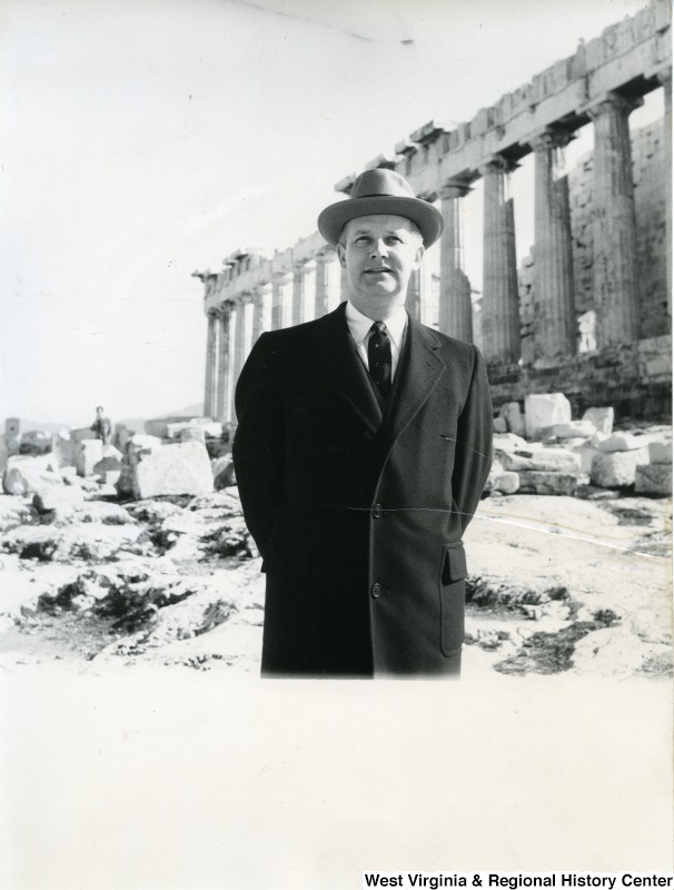 Congressman Arch A. Moore, Jr. standing in front of the Parthenon.