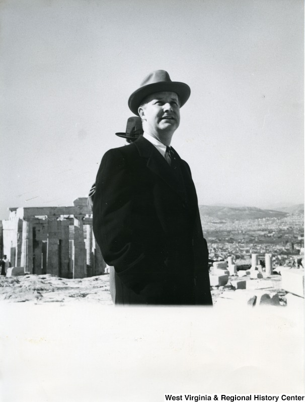 Congressman Arch A. Moore, Jr. looking at something in the distance. The Parthenon can be seen in the background.