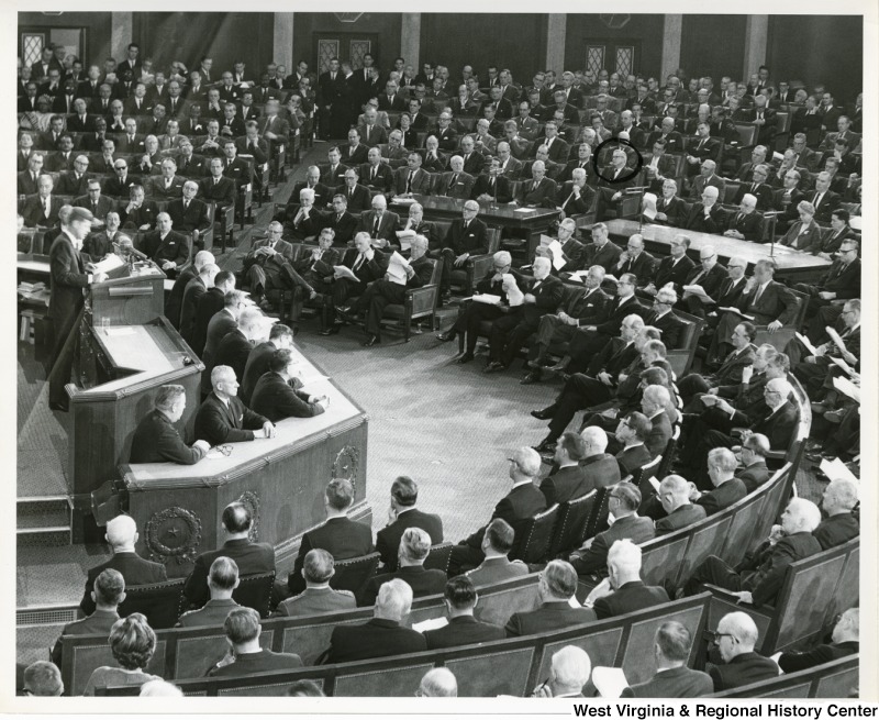 President John F. Kennedy addressing the 87th Congress . Congressman Arch A. Moore, Jr. is circled in the photograph.