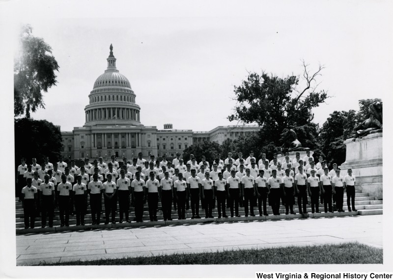 A large group of American Legion Boys Nation members on the steps of the Capitol.