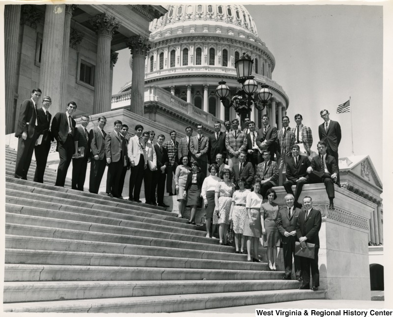 Congressman Arch A. Moore, Jr. on the steps of the Capitol with Bethany College political science students. Heading the group is Dr. Jerry Patterson (next to Moore).