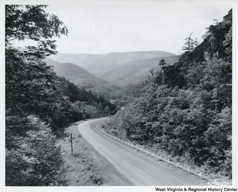 U.S. Route 33 winding down into the mountain-rimmed upper end of North Fork Valley, toward Judy Gap, W.Va.