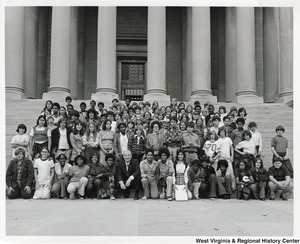 Governor Arch Moore (first row, seventh from the left) with the students of Roosevelt Jr. High on the steps of the Capitol Building.