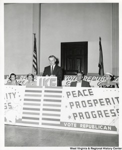 Congressman Arch Moore speaking at a Republican campaign rally for Dwight Ike Eisenhower.