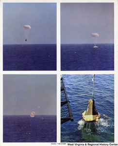 Four images of the landing and recovery of Sigma 7 in the Pacific Ocean.