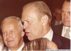 Gerald Ford and Arch Moore speaking to attendees at a Arch for Governor rally.