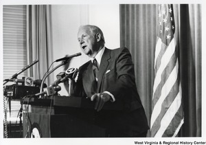Governor Arch Moore speaking at a press conference.